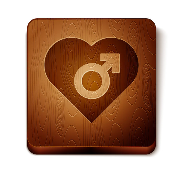 棕色的心与男性象征图标孤立在白色背景。木制方形按钮。矢量图图片下载