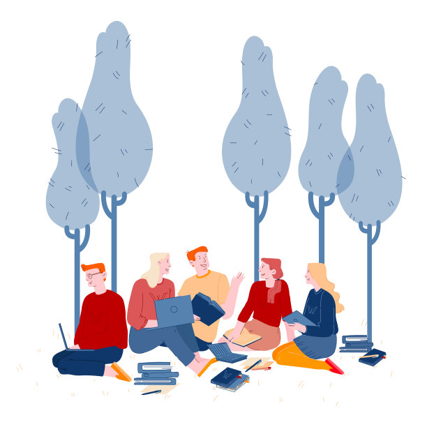 年轻人一起学习户外的自然背景。集体学习，备考。远程教育，在线课程，教育，电子书，卡通平面矢量插图图片下载