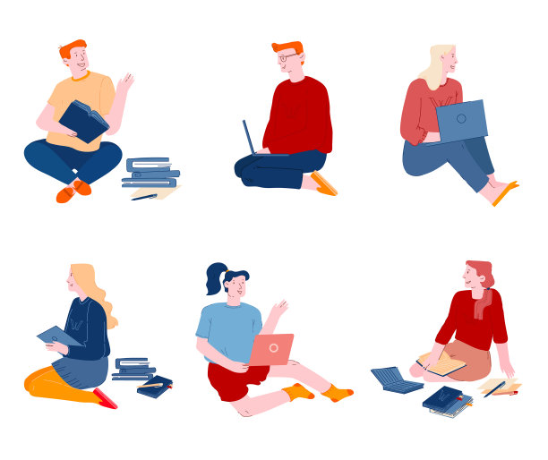 正在学习的年轻人被孤立在白色背景上。女孩和男孩拿着笔记本和书坐在地板上准备考试。远程学习，在线课程，卡通平面矢量插图图片下载