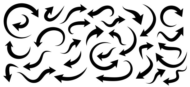 在白色背景上孤立的一组黑色弯曲箭头。图片下载