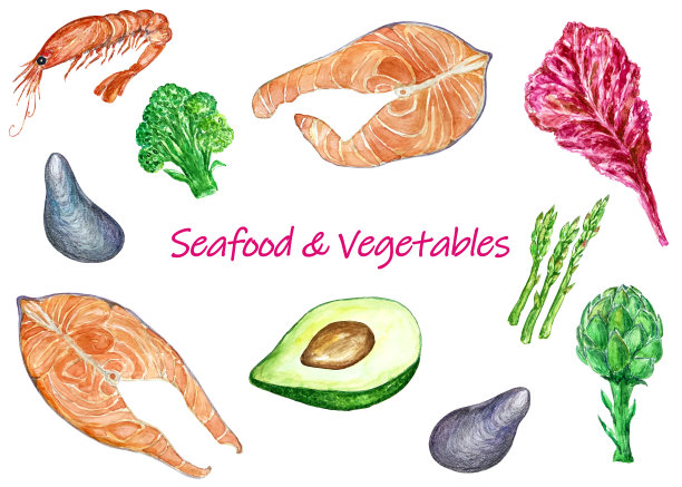 水彩插图的海鲜和蔬菜与鲑鱼，贻贝，虾，鳄梨，芦笋和西兰花。图片下载