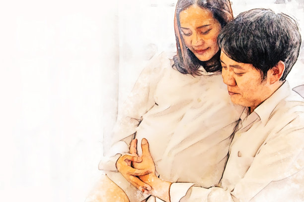 抽象的彩色特写孕妇与丈夫和拥抱在白色背景上的水彩画插图背景。图片下载