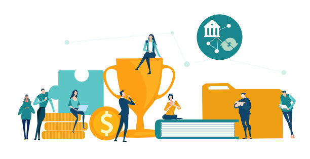 商人们快步走向金杯。竞争，攀上成长图，箭头，象征着危险的财务状况。业务概念说明素材图片