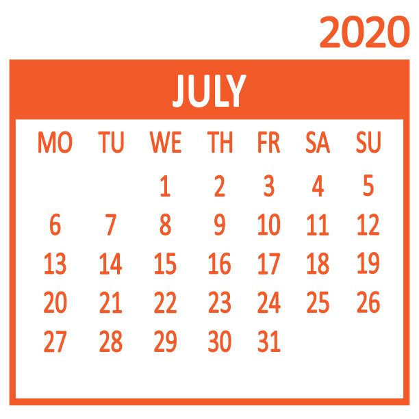 7月。第七页。2020年日历,模板。一周从星期一开始。向量图片下载