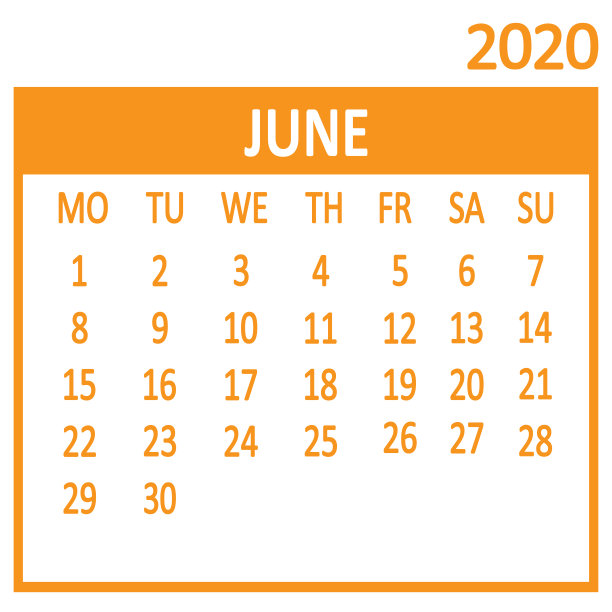 6月。第六页。2020年日历,模板。一周从星期一开始。向量图片下载