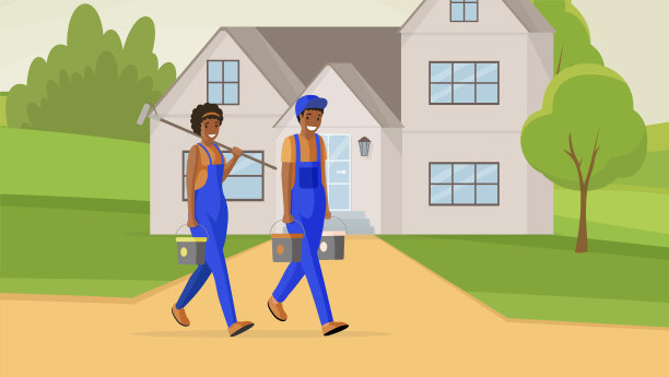 专业房屋画家平面矢量插画。男女修理工扛着油漆桶和滚筒卡通人物。门面装修专家，提供装修服务图片下载