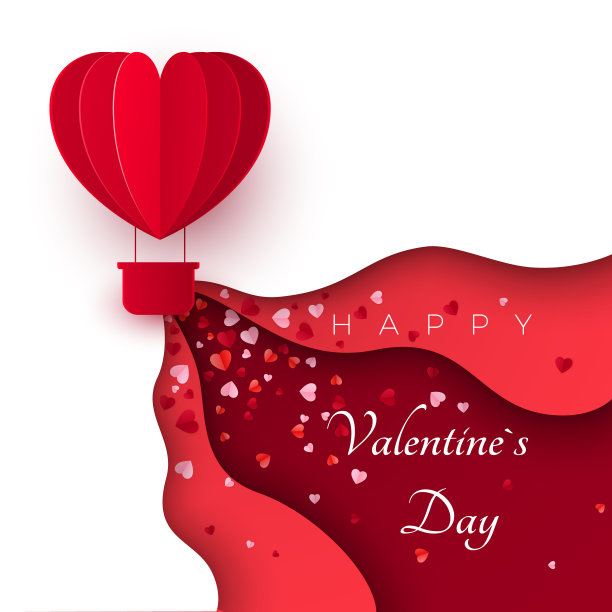 情人节快乐贺卡与纸切红心形气球飞行。气球飞起来，留下心形装饰的痕迹。矢量图图片下载