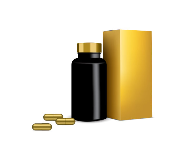 瓶子模拟现实药丸药物和金色盒子胶囊面板上的白色背景矢量插图。片剂医疗保健理念。图片下载