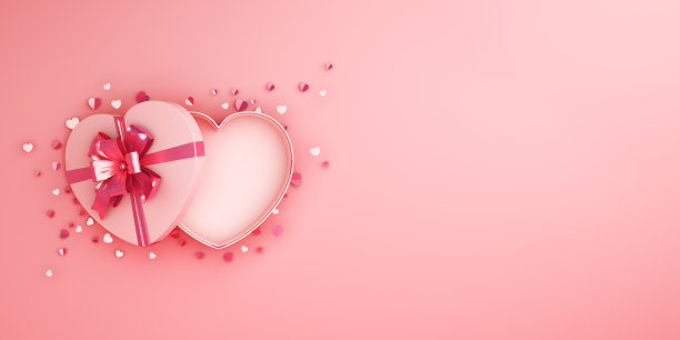 情人节快乐，打开心形的彩带礼盒，五彩纸屑在粉红玫瑰的背景上闪闪发光。贺卡，平铺，横幅，俯视图，复制空间文本区。3 d渲染插图。图片下载