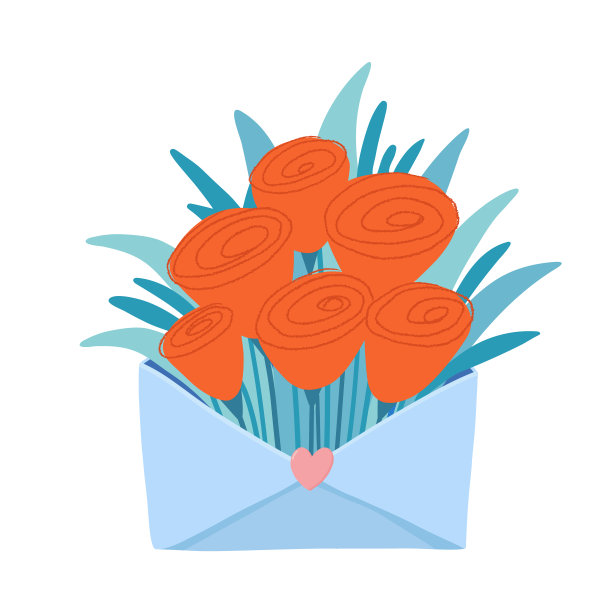 一束红色花朵、郁金香、罂粟、玫瑰，信封里装着心形封条、情书、浪漫的波西米亚风格明信片、情人节贺卡、白色背景矢量插图图片下载