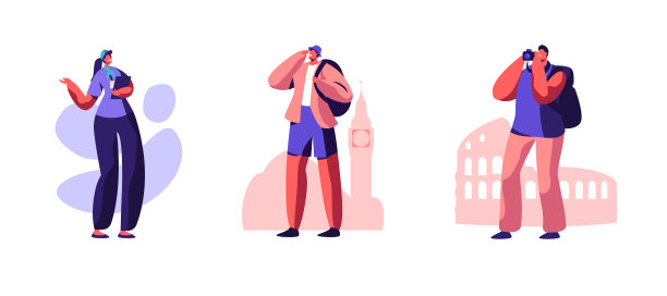 设置男游客人物随女导游游览观光，用照相相机拍照。国外旅行，旅行社服务，旅行的人在远足卡通平面矢量插图图片下载