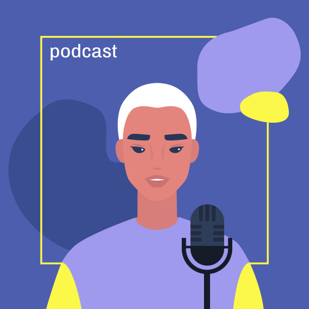 年轻的亚洲男性角色主持一个播客，封面图片模板图片下载