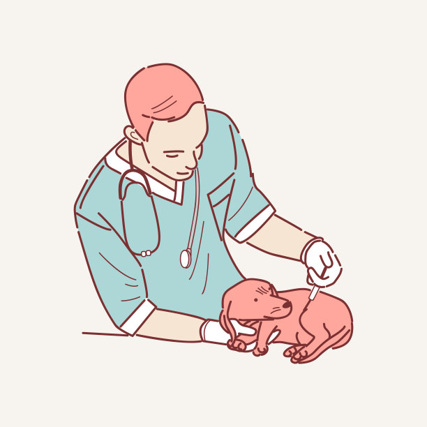 兽医医生与小狗矢量插图。专业的动物医生治疗小狗卡通人物。国内宠物疫苗接种，犬类疾病预防，兽医医院服务图片下载