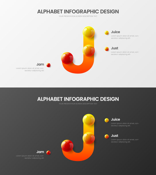 惊人的矢量3选项字母信息图3D逼真的彩色球演示包。创意明亮的多色字符设计插图布局。现代艺术J符号可视化模板集。图片下载