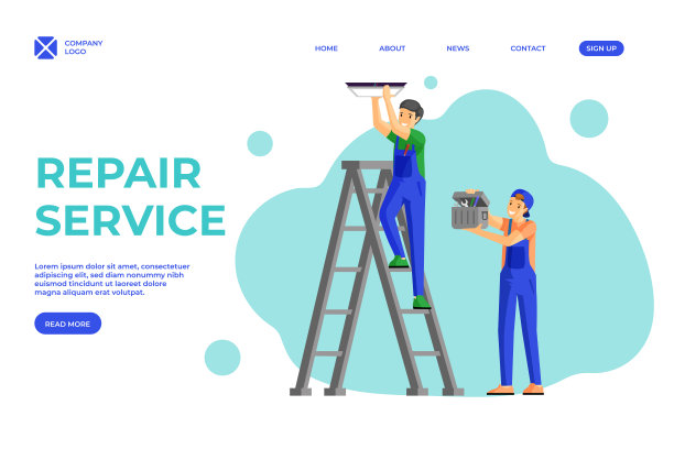 电工服务平面着陆页面模板。工人站在梯子上把灯装到天花板上，助手拿着工具箱。房屋装修杂工团队推广网站页面布局图片下载