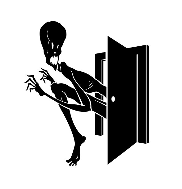 噩梦怪物进入黑暗的房间卧室矢量时尚插图，有趣的卡通鬼生物吓人看里面，恐怖的主题画。图片下载
