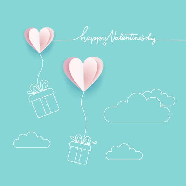 爱的象征在蓝绿色的背景，贺卡，剪纸设计与线条艺术风格与情人节快乐的字母。心形和礼盒。矢量插图与文字空间图片下载