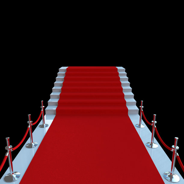 黑色背景的大理石楼梯上铺着红地毯。图片下载
