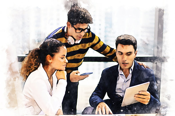 摘要三个商业伙伴在桌前聊天并讨论工作上的水彩插画画背景。图片下载