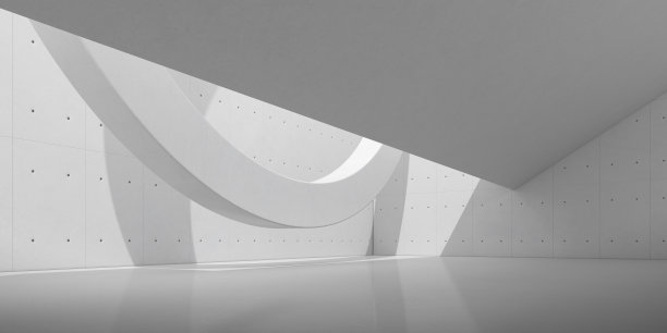 抽象的混凝土室内与阳光投射在圆形雕塑上的阴影，几何结构设计，博物馆空间，野兽派建筑透视，3d渲染图片下载