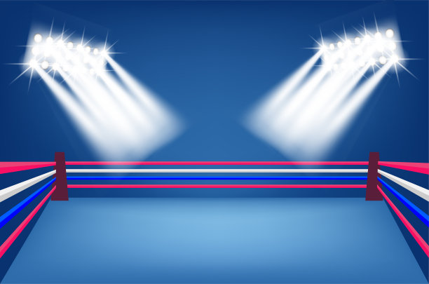 空的拳击圈与五颜六色的绳子和夜间灯光在体育场的竞技场图片下载