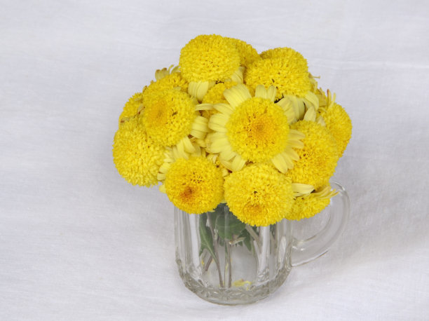 一束美丽的黄花放在一个旧玻璃杯里图片下载