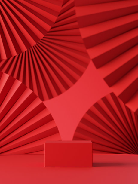 包装介绍的摘要背景。讲台以红纸扇为背景。3 d渲染。图片下载