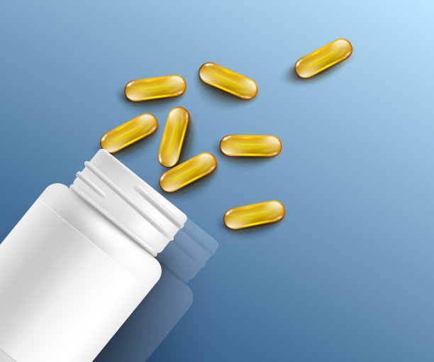 鱼油，欧米伽-3或维生素胶囊容器三维矢量插图。图片下载