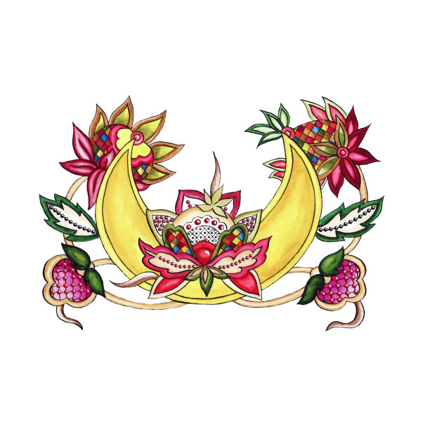 赏月与装饰程式化的花和叶水彩图片下载