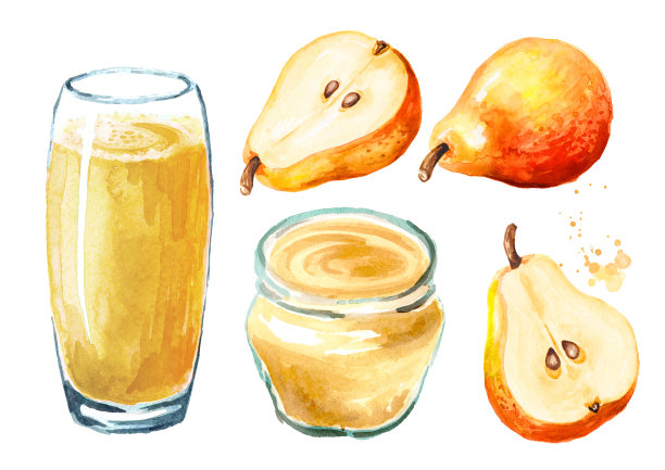 甜蜂蜜、梨果酱或橘子酱和果汁套装。手绘水彩插图孤立的白色背景图片下载