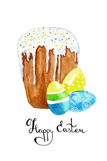 复活节贺卡模板与复活节蛋糕和鸡蛋。明信片,贴纸。图片下载