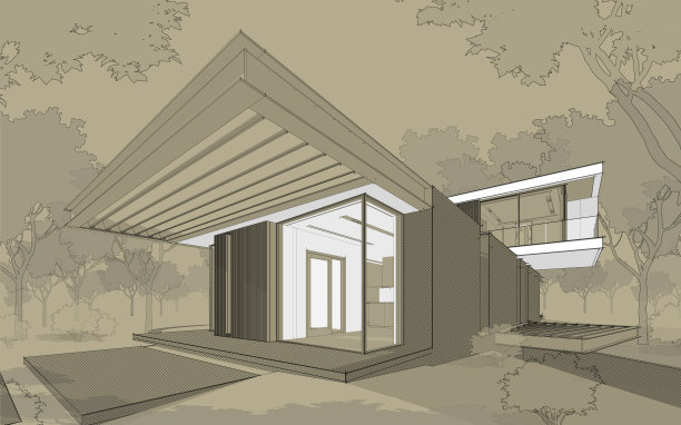 山上现代住宅的3d渲染，工艺背景上有水池黑线图片下载