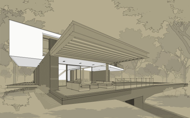 山上现代住宅的3d渲染，工艺背景上有水池黑线图片下载