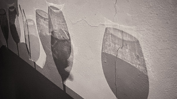 在普拉塔港，墙上挂着不同类型的葡萄酒杯的影子。图片下载