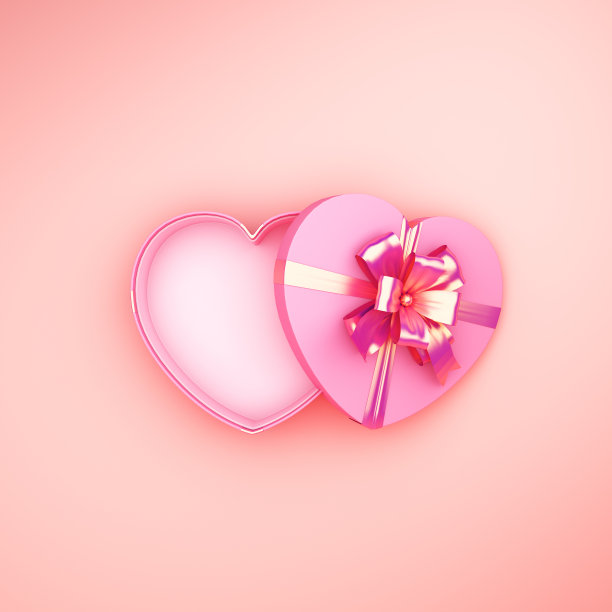 情人节快乐，心形礼盒，粉色玫瑰背景金色丝带，banner，3D渲染插画图片下载