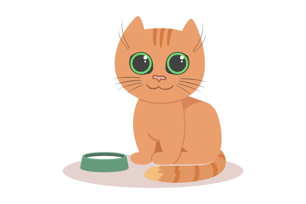 绿色眼睛的姜小猫和一碗牛奶。矢量图图片下载