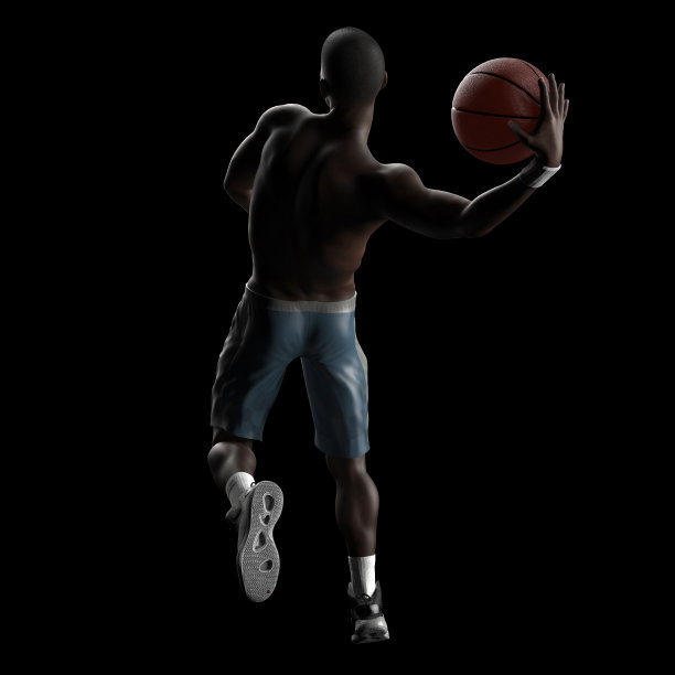 赤膊街道篮球运动员单手扣篮姿势孤立的黑色背景视图从后3d渲染图片下载