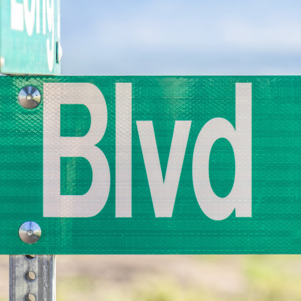 方形框架选择性地聚焦在绿色和白色道路的街道标志上，上面写着Blvd图片下载