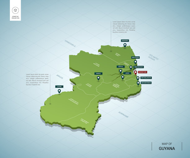 圭亚那的程式化地图。等距3D绿色地图与城市，边界，首都乔治敦，地区。矢量插图。可编辑的图层清晰标记。英语语言。图片下载