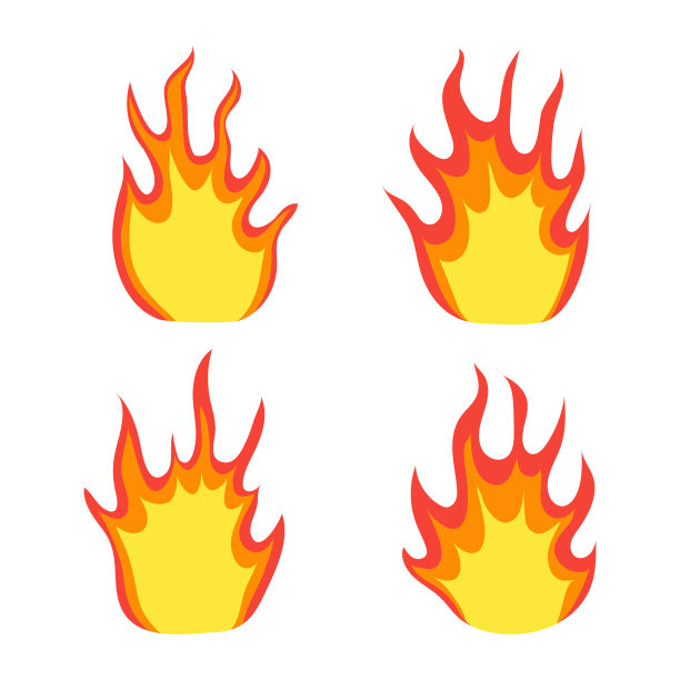 设置卡通火焰火焰。红色卡通大火。能源结构。孤立背景上的火轮廓。发光的火焰绘图插图。火灾危险的概念。扁平收集愤怒的火焰。向量图片下载