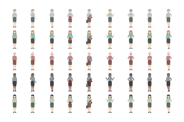 不同种族的女性站在不同的姿势。矢量图图片下载