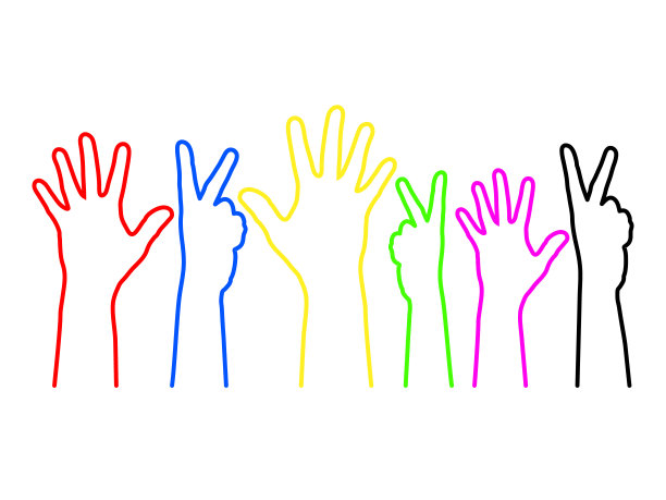 多元文化团队，双手举起，手指展开，白色背景上的多色轮廓曲线上有胜利的标志。矢量插图。图片下载