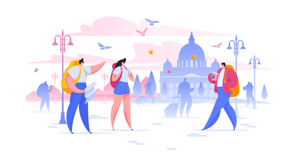 观光度假平面矢量插图男人和女人与行李在欧洲城市卡通人物图片下载