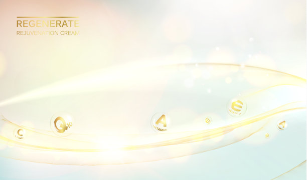 奶油分子的科学说明。再生面霜和维生素复合概念。美丽的皮肤护理设计在金色的背景。图片下载