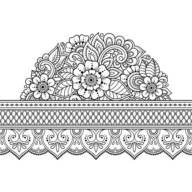 无缝边界曼陀罗设计，应用指甲花，曼海蒂和纹身。东方民族、印度风格的装饰图案。涂鸦装饰。轮廓手绘矢量插图。图片下载