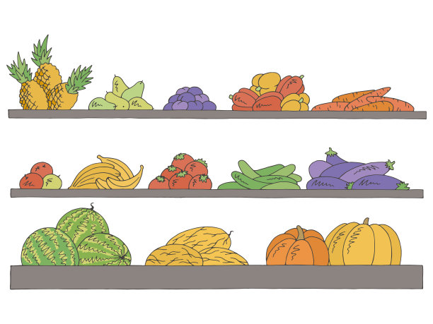 货架设置图形颜色孤立素描水果和蔬菜杂货店插图向量图片下载