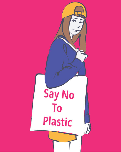 女孩拿着帆布包，包上写着“对塑料说不”。矢量图像。环境的插图图片下载