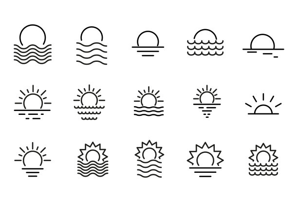 日落的向量线图标集合。图片下载