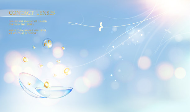 隐形眼镜的概念与水波流过一个蓝色的背景和两个眼睛的镜片。图片下载