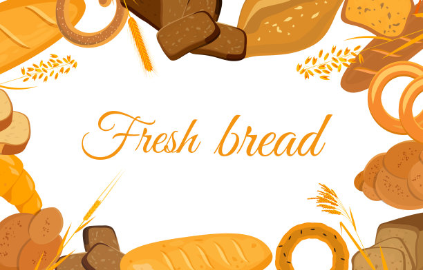 旗帜与烘焙产品。小麦，黑麦和全麦面包。椒盐卷饼和百吉饼，夏巴塔和松饼，牛角面包和法式长棍面包，长面包和烤面包。矢量插图。图片下载